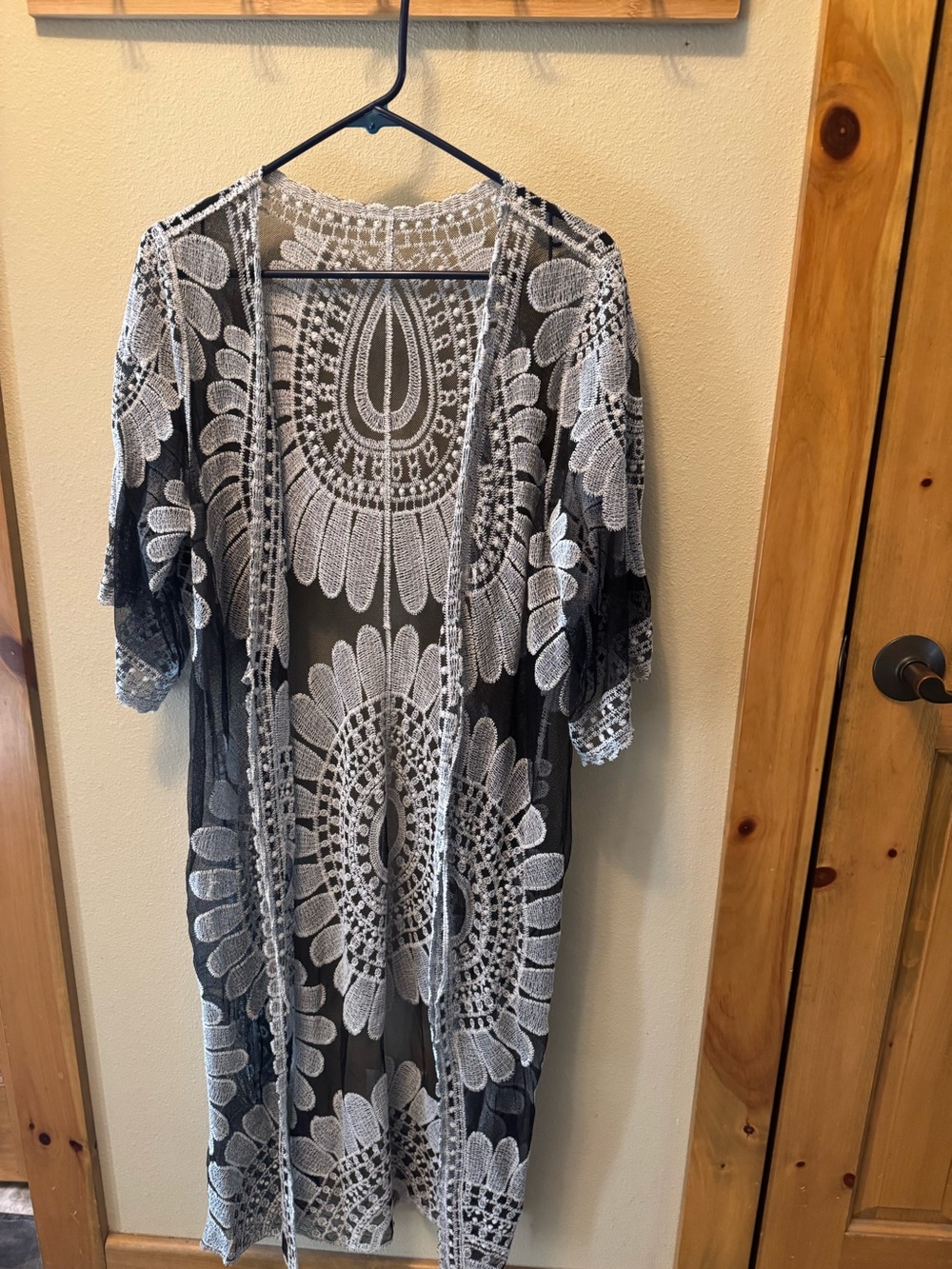 Black Lace Overlay Cover-Up with White Floral Crochet Pattern